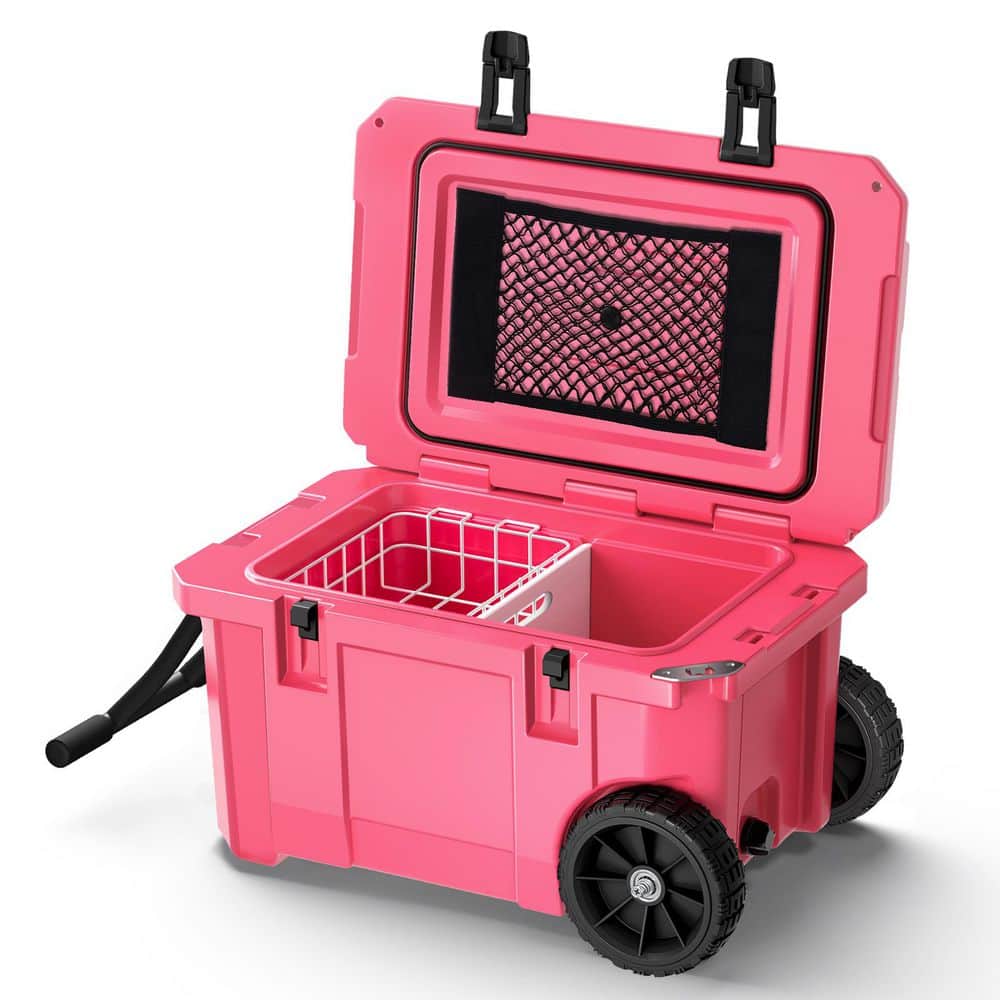 26.77 in. 55 qt. Pink Portable Leak-Proof Outdoor Insulated Cooler Food Cart Wheels Handle, Cup Holders for Camping price history on PriceWatchPro