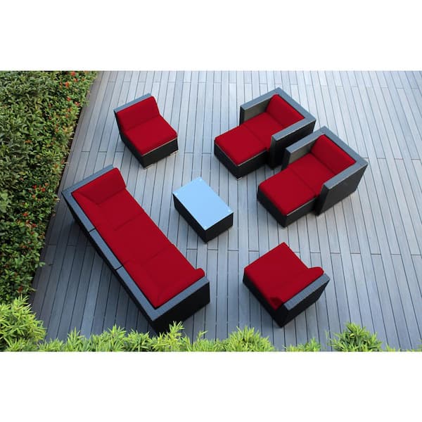 Ohana Depot Black 10-Piece Wicker Patio Seating Set with Sunbrella Jockey Red Cushions