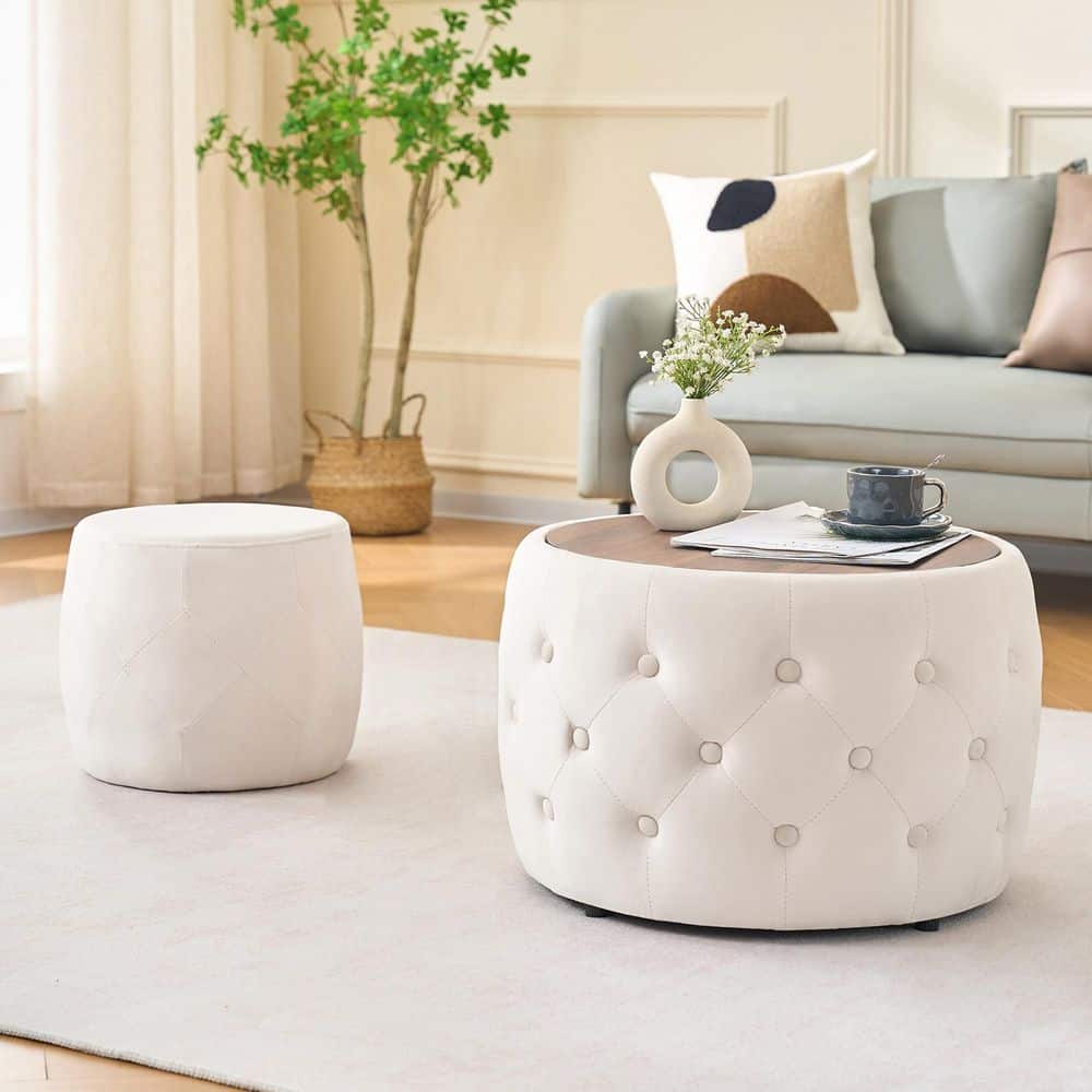 Silas Modern 22.75 in. and 15.75 in. Beige MDF Round Upholstered Velvet Nesting End Table Set with Storage