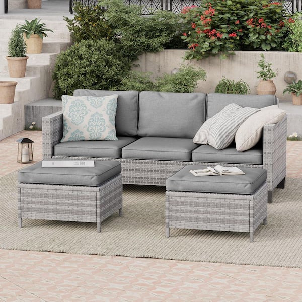 Sonkuki 3-Piece Grey Rattan Patio Sofa Set Outdoor Furniture Set 3-Seat Sofa Ottomans With Cushions, Gray
