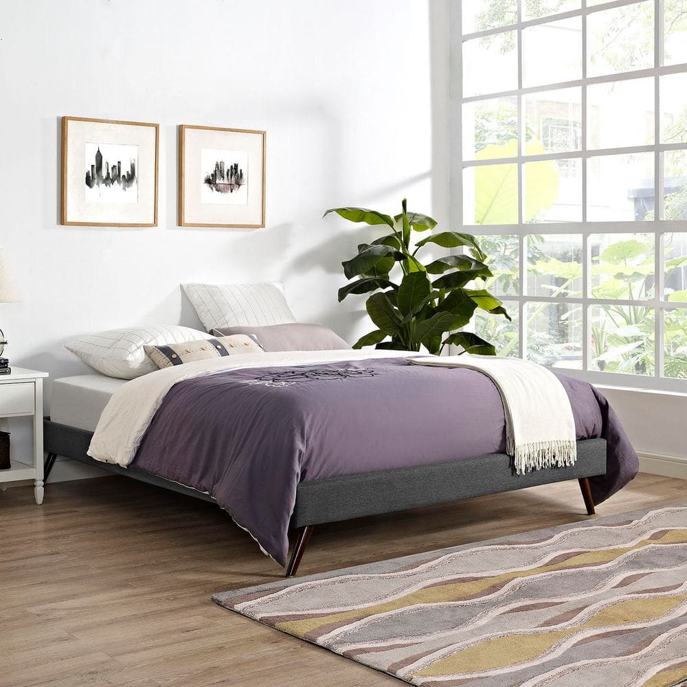 Helen Gray Wood Frame Upholstered Queen Platform Bed with Wood Slat Support