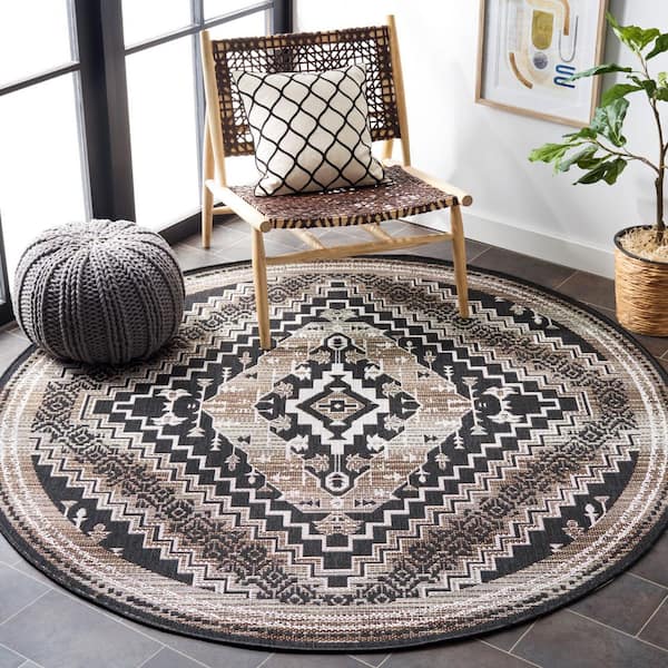 Havana Light Brown/Black 7 ft. x 7 ft. Tribal Ikat Indoor/Outdoor Round Area Rug