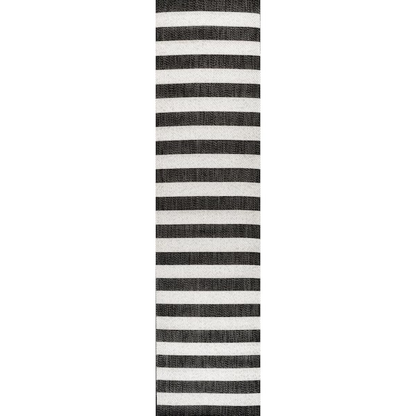 Negril Two-Tone Wide Stripe Black/Cream 2 ft. x 8 ft. Indoor/Outdoor Runner Rug