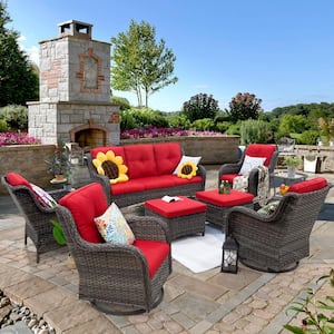 8-Piece Wicker Outdoor Patio Conversation Set with Red Cushions and Swivel Rocking Chairs