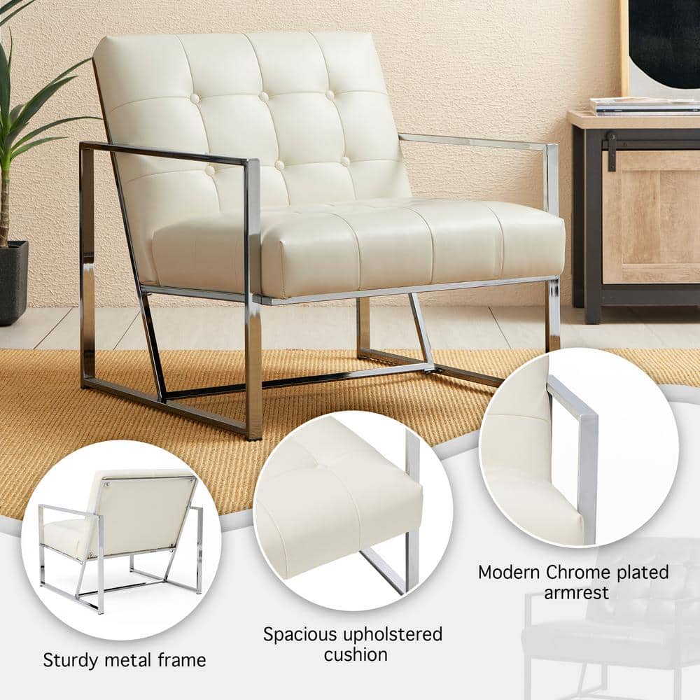Mid-Century Chrome-Plated White Faux Leather Accent Chair