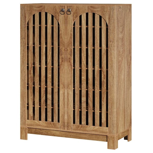 42.9 in H x 28.7 in. W Oak-Color Wood Shoe Storage Cabinet with Louver Doors and Adjustable Shelves for Entryway Closet