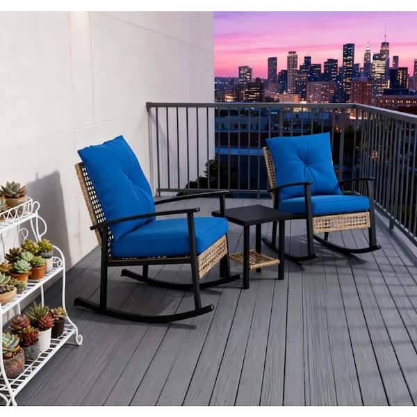 3-Piece Metal and Wicker Patio Conversation Set with Blue Cushions