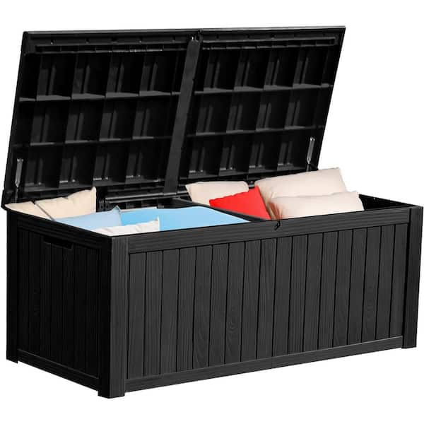150-Gallon, 61 x 25.4 x 28.4 in. Waterproof Black Resin XL Outdoor Storage Deck Box with Divider and Lockable Lid