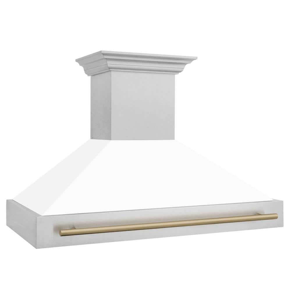 Autograph Edition 48 in. Satin Stainless Steel Wall Mount Range Hood with White Matte Shell and Champagne Bronze Handle