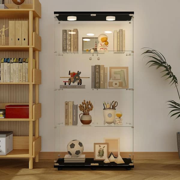 Two-Door Black 64.56 in. Glass Display Cabinet with 4-Shelves, Floor-Standing Curio Bookshelf for Home and Office