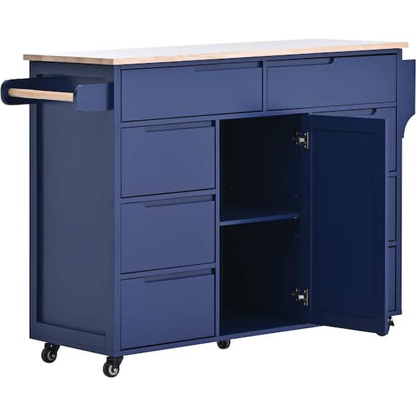 Blue Rubber Wood Countertop 53.1 in. W Kitchen Island on 5-Wheels with 8  Handle-Free Drawers and Flatware Organizer ktkhwy14 - The Home Depot