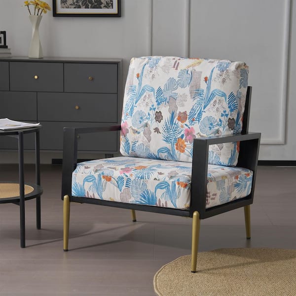 Retro Low Back Upholstered Velvet Accent Chair, Rubberwood, Pillow Back, Blue Floral plus Black plus Gold