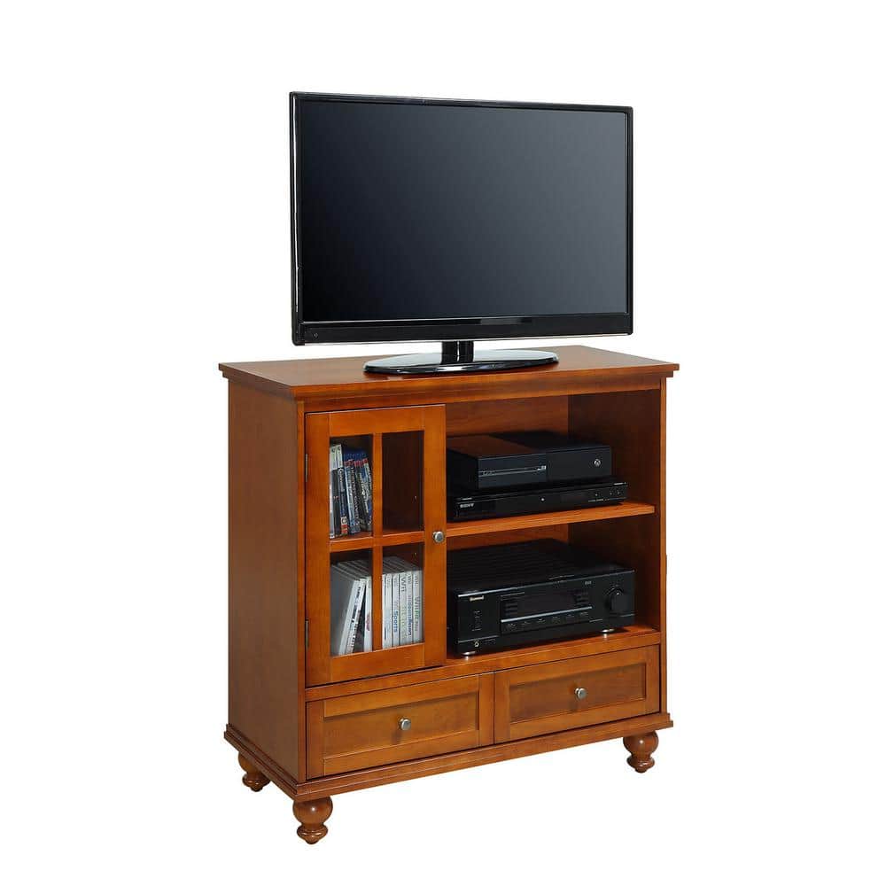 Espresso Highboy TV Stand with Glass Cabinet and Drawers