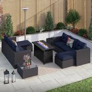 Dark Brown Rattan 6 Seat 7-Piece Steel Outdoor Fire Pit Patio Set with Blue Cushions and Rectangular Fire Pit Table