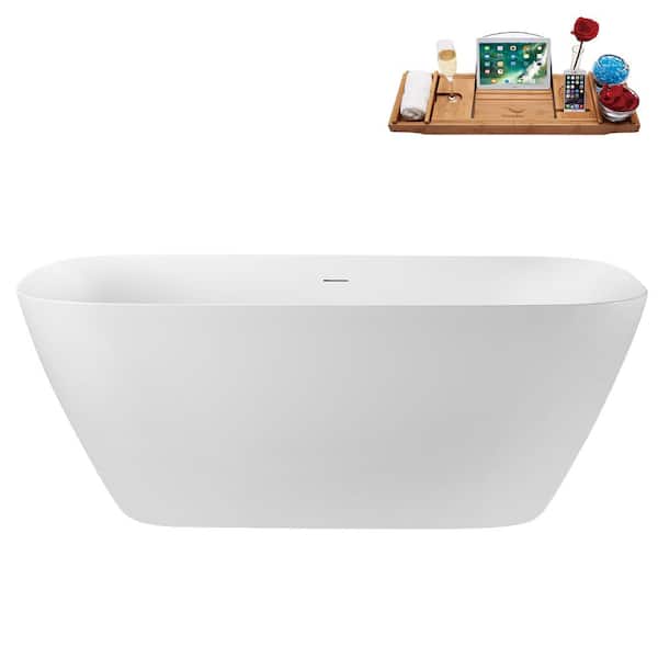 63 in. x 31 in. Acrylic Freestanding Soaking Bathtub in Glossy White with Glossy White Drain, Bamboo Tray