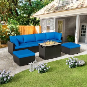 7-Piece Outdoor Wicker Patio Conversation Seating Set with Propane Fire Pit Table (Royal Blue Cushion)