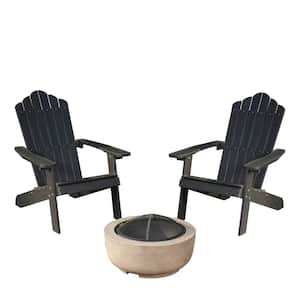 Lanier 3-Piece Black Recycled Plastic Patio Conversation Adirondack Chair Set with a Brown Wood-Burning Firepit