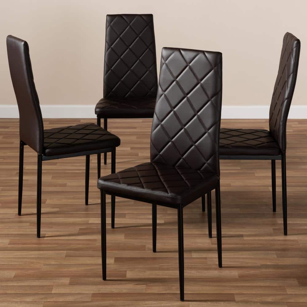 Set of 4 Brown Faux Leather Parsons Dining Chairs with Metal Legs