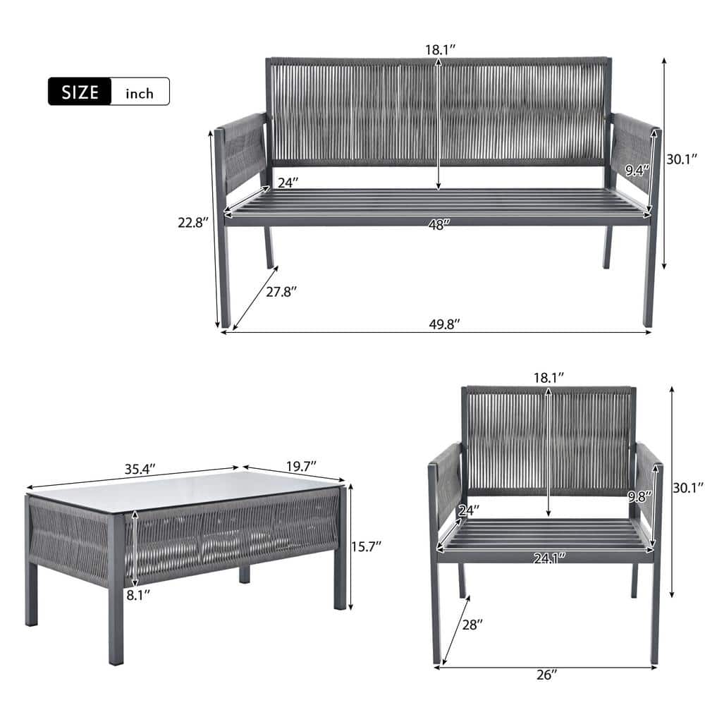 Gray Steel Rope 4-Piece Outdoor Patio Conversation Set with Cushions