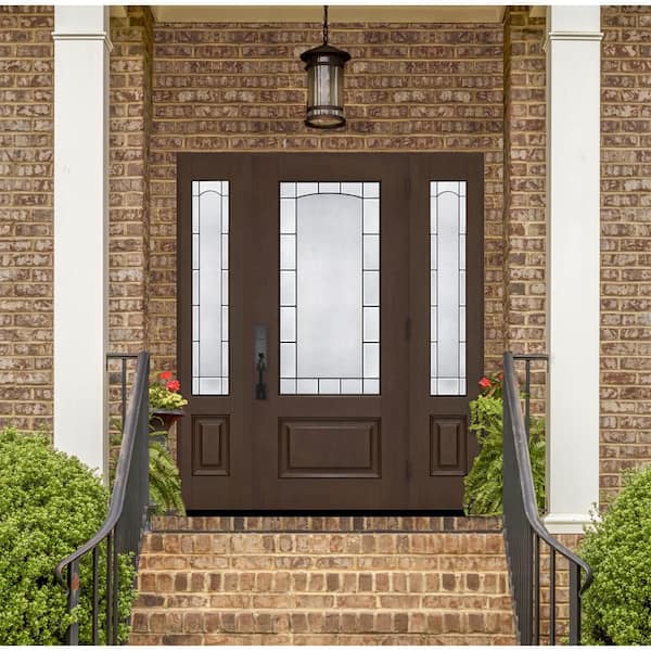 Regency 64 in. x 80 in. 3/4 Empire Decorative Glass LHOS Hickory Mahogany Fiberglass Prehung Front Door w/12inSLs 4-9/16