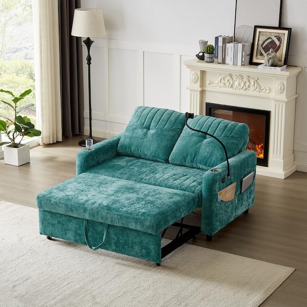 Harper & Bright Designs 53.9 in. Teal Chenille Twin Size Sofa Bed Convertible Loveseat with Adjustable Backrest, Charging Ports, Side Pockets