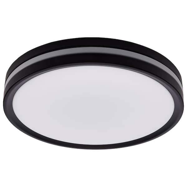 11.42 in. Matte Black Contemporary Flush Mount with Nightlight and Frosted White PMMA Shade, Integrated LED
