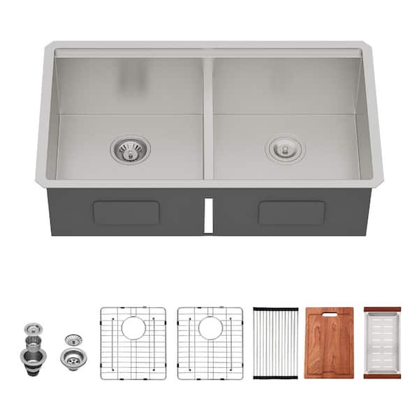 30 in. Undermount Double Bowl(50/50) 16-Gauge Brushed Nickel Stainless Steel Workstation Kitchen Sink with Bottom Grids