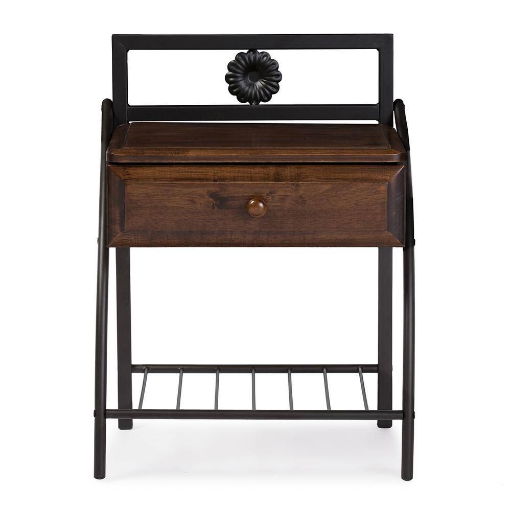 Jevenci Vintage Industrial Black Metal and Wood Nightstand with Drawer