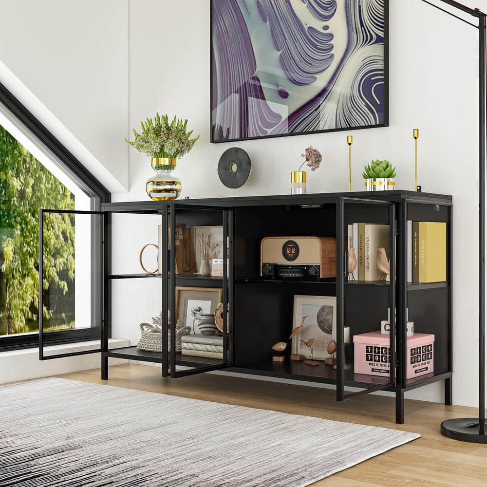 Black Wood Accent Cabinet with Glass Doors and LED Lighting