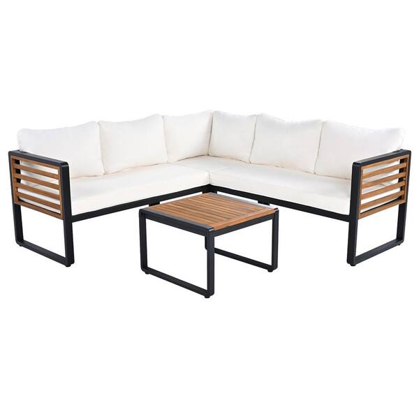 Brown 4-Piece Wood Outdoor Conversation Set, Sectional L-shaped Sofa with Soft Cushion and a Coffee Tables for Garden