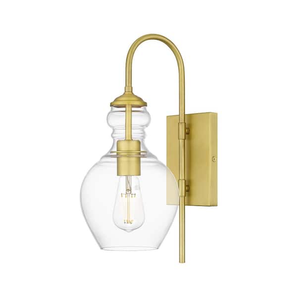 Home Decorators Collection Bakerston 1-Light Brushed Brass Wall Sconce with Clear Glass Shade