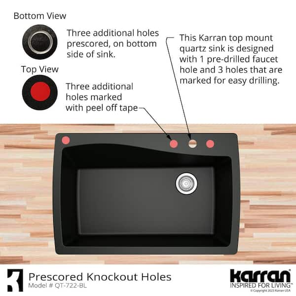 Karran Black Quartz Composite 34 in. Single Bowl Drop-In Kitchen Sink with Accessories