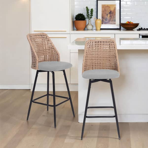 Uixe H Woven wicker High Back Metal Bar Stool with Light
