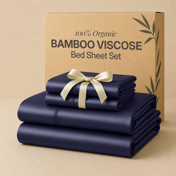 4-Piece Navy Blue 100% Bamboo King Cooling Sheet Set