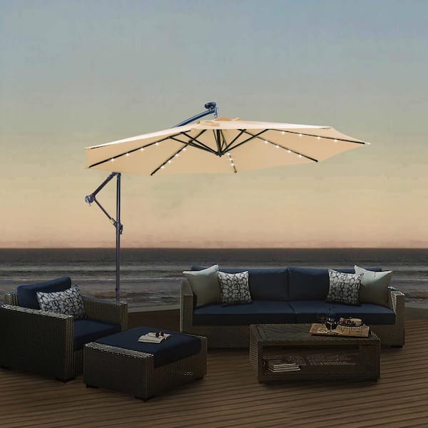 AUTMOON 9.5 ft. Solar LED Patio Outdoor Umbrella Hanging Cantilever Umbrella Offset Umbrella in Tan with 32 LED Lights