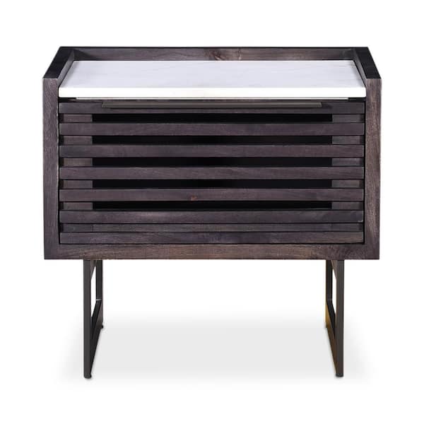 Ozias Charcoal Grey 1-Drawer 22 in. W Nightstand with White Marble Top