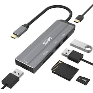 6-in-1 Ultra-Slim USB-C Hub: 60W PD, USB-C, USB 2.0 and 3.0,5Gbps, SD/TF Dock - (1-Pack)