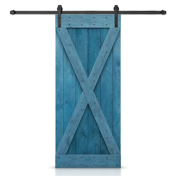 CALHOME X Series 36 in. x 84 in. Pre-Assembled Ocean Blue Stained Wood Interior Sliding Barn Door with Hardware Kit