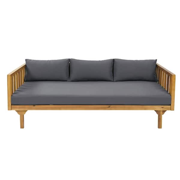 CHRISTOPHER KNIGHT HOME Lainey Teak Finish Wood Outdoor Patio Day Bed with Dark Grey Cushions