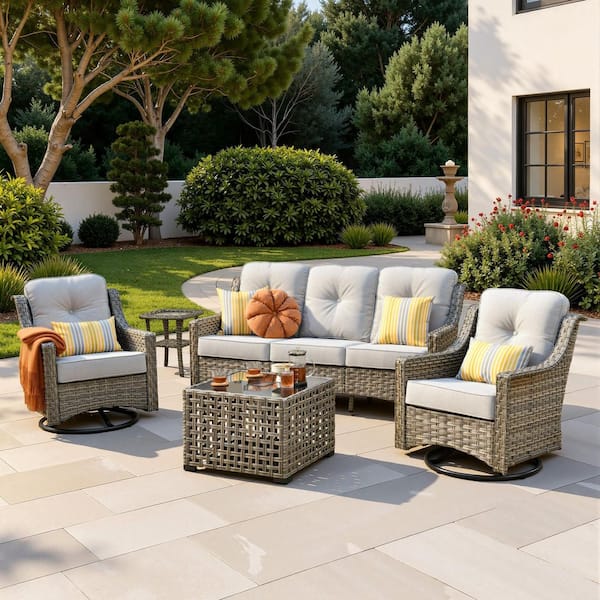 Cherry 5-Piece Wicker Outdoor Patio Conversation Sectional Sofa Set with Swivel Chairs, Tables and Light Gray Cushions