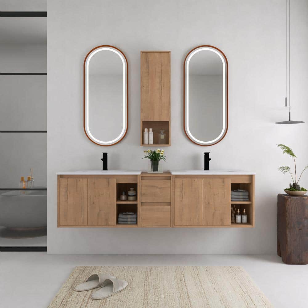 72 in. Double Floating Imitative Oak Bath Vanity Combo with White Ceramic Top Unassembled price history on PriceWatchPro