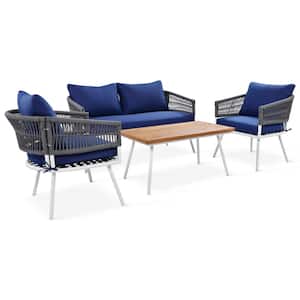 4-Piece Patio Conversation Set Outdoor Seating Set with Drak Blue Cushions and Acacia Wood Coffee Table