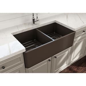 Classico Farmhouse Apron Front Fireclay 33 in. Double Bowl Kitchen Sink with Bottom Grid and Strainer in Matte Brown
