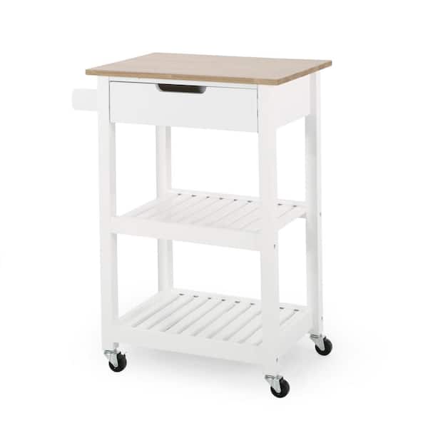 Noble House Treutlen White Kitchen Cart with Natural Wood Top