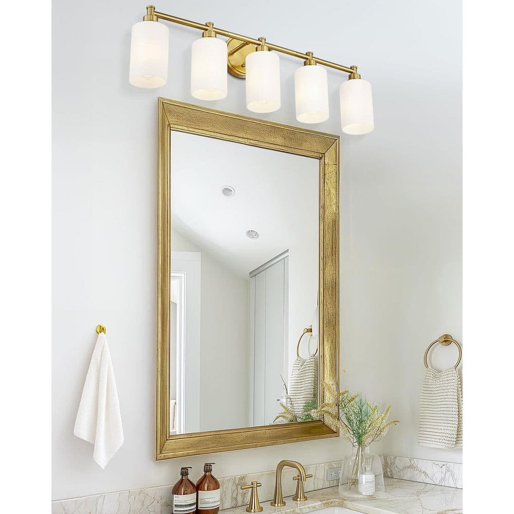 32 in. 5 Light Brushed Gold Vanity Light with Milk White Glass Shade price history on PriceWatchPro