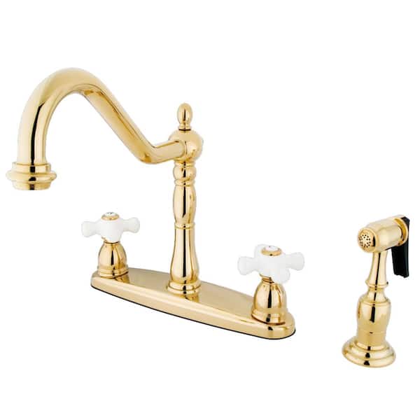 Kingston Brass Heritage 2-Handle Standard Kitchen Faucet with Side Sprayer in Polished Brass