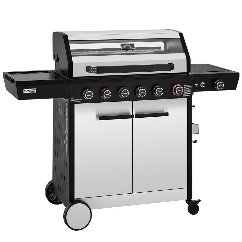6 Burner Propane Gas Grill with Side Burner, Glass Viewing Window, Stainless Steel Cabinet Doors, Silver & Black