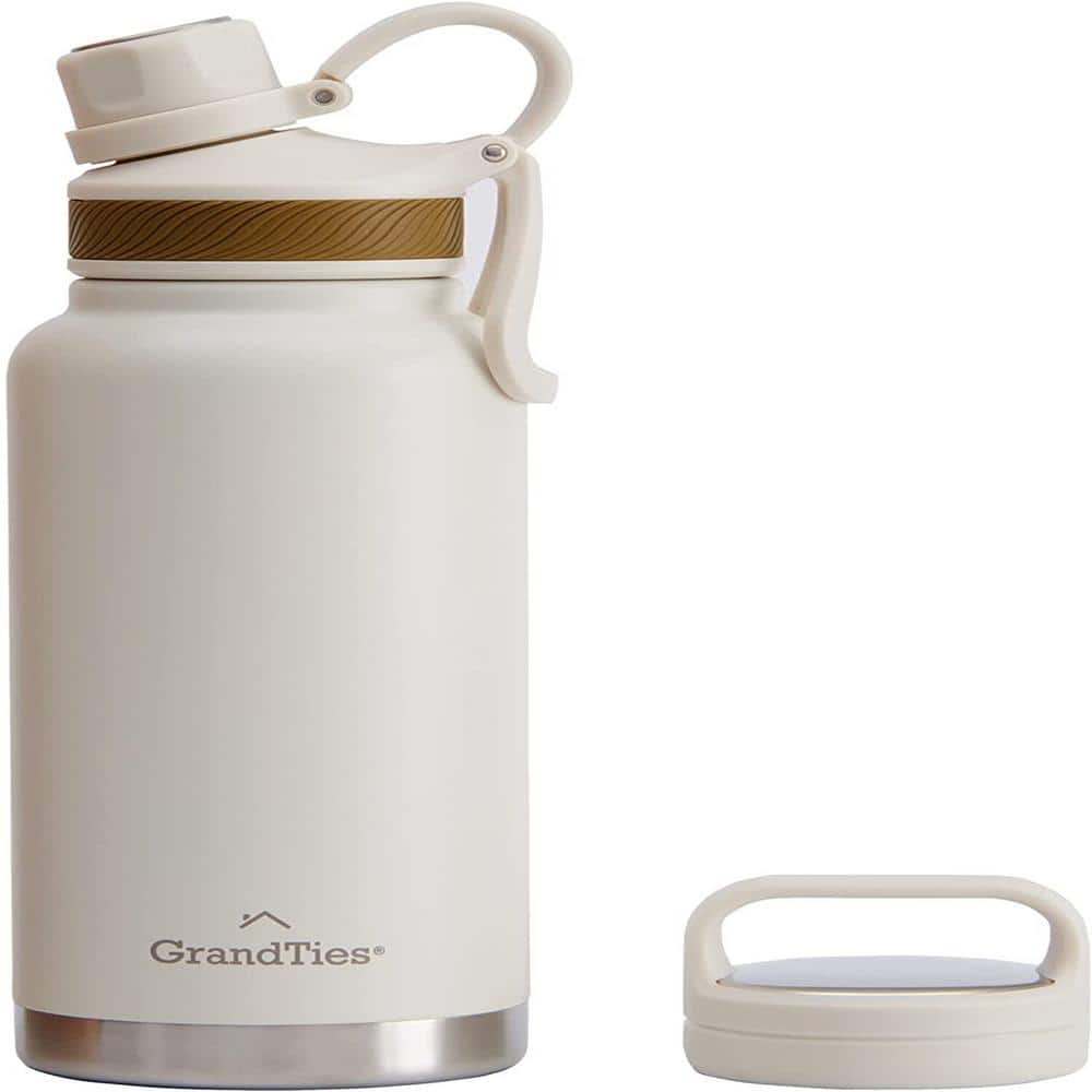 GrandTies 32 oz. Ivory White Travel Water Bottle - Wide Mouth Vacuum Insulated Water Bottle with 2-Style Lids