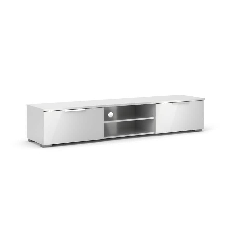 White Gloss Engineered Wood TV Stand with Cabinet and Shelves
