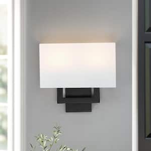 Celina 13 in. 2-Light Black Wall Sconce Light With White Fabric Shade